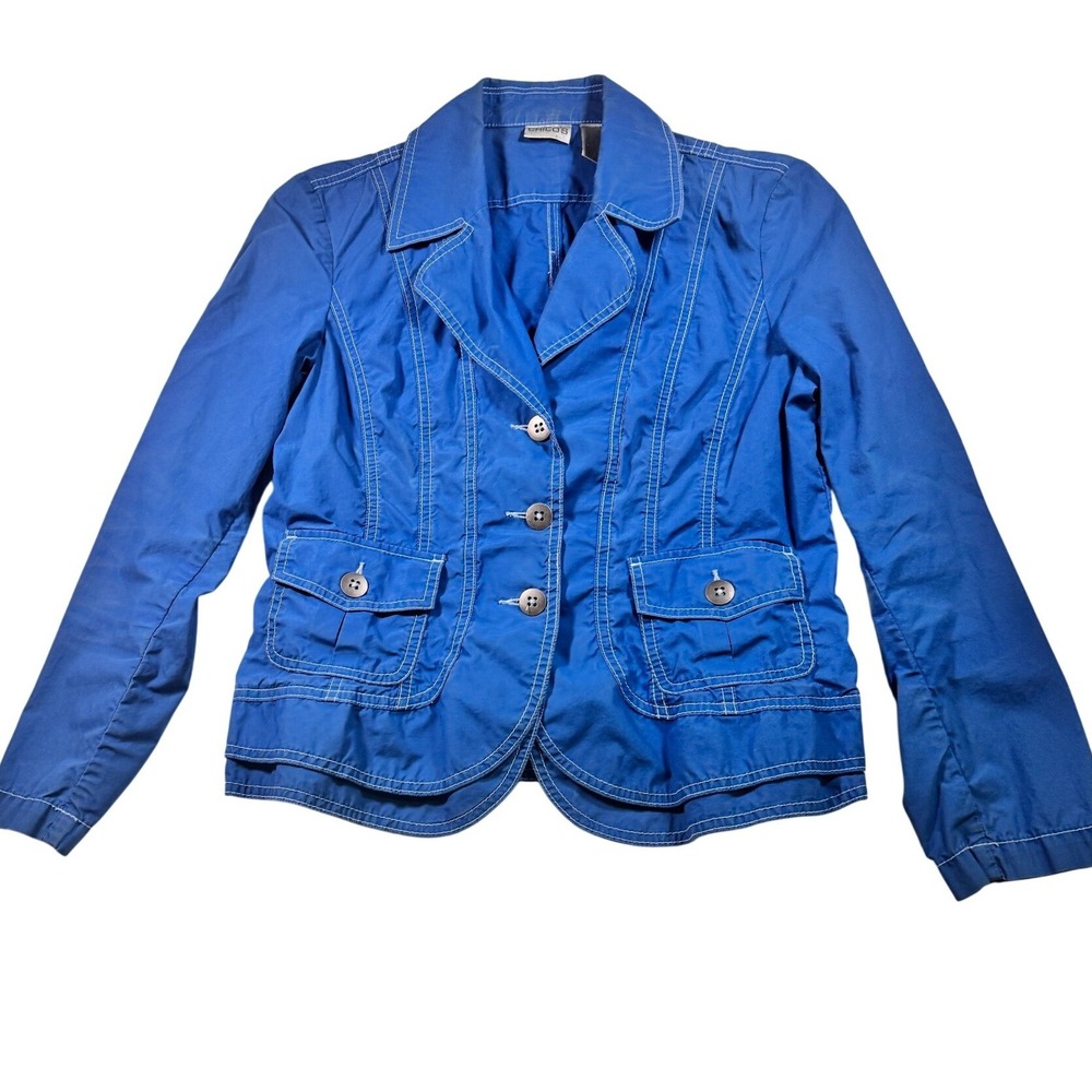 Chicos Blue 100 Cotton Blazer Jacket‎ Women 1 Cropped Tailored White Stitching